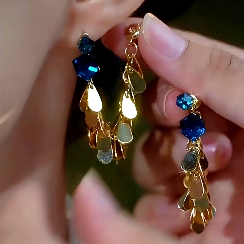 14K Gold-plated Blue Crystal Tassel Earrings