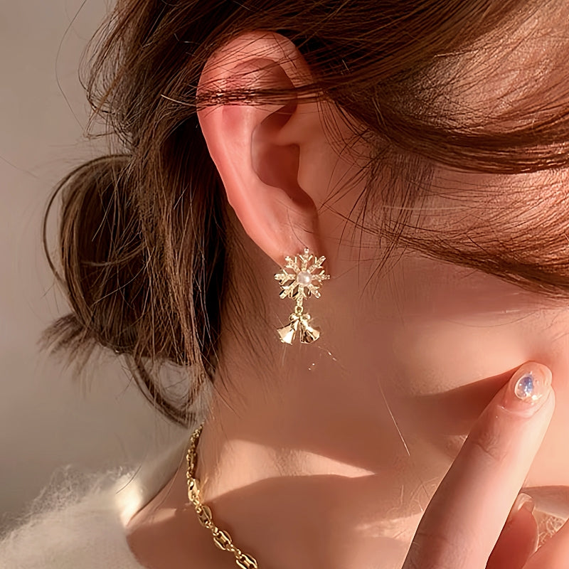 14K Gold-plated Christmas Diamond Snowflake Bell Earrings