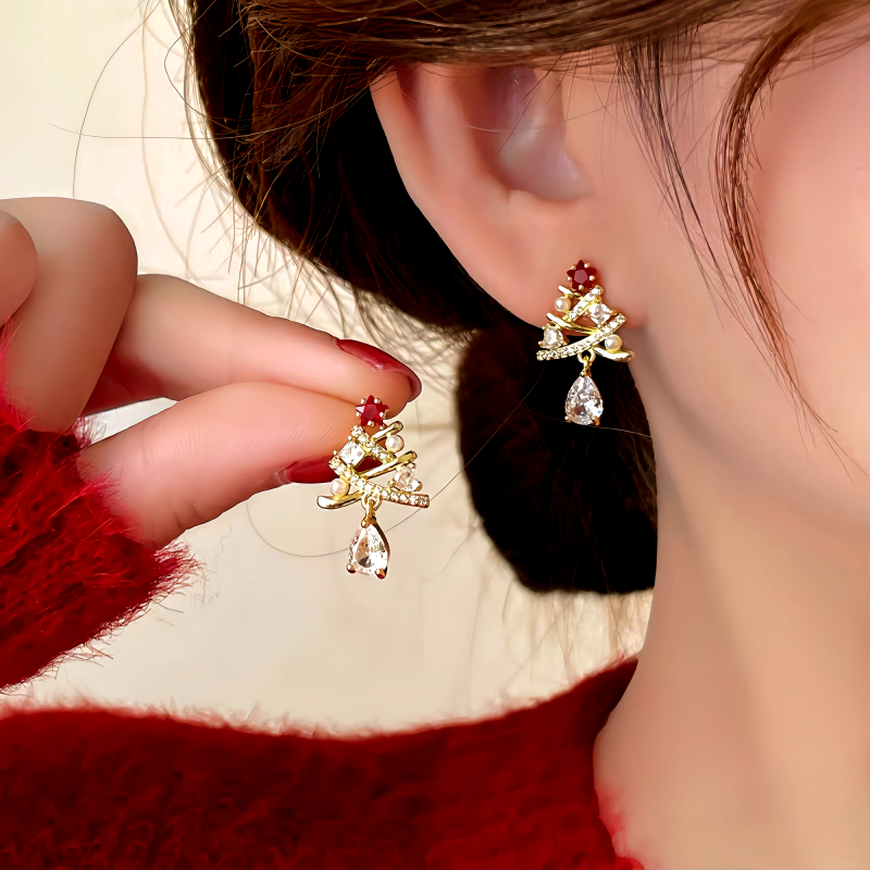 14K Gold-plated Christmas Diamond Tree Earrings