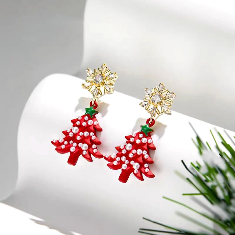 14K Gold-plated Christmas Diamond Zircon Snowflake Christmas Tree Earrings