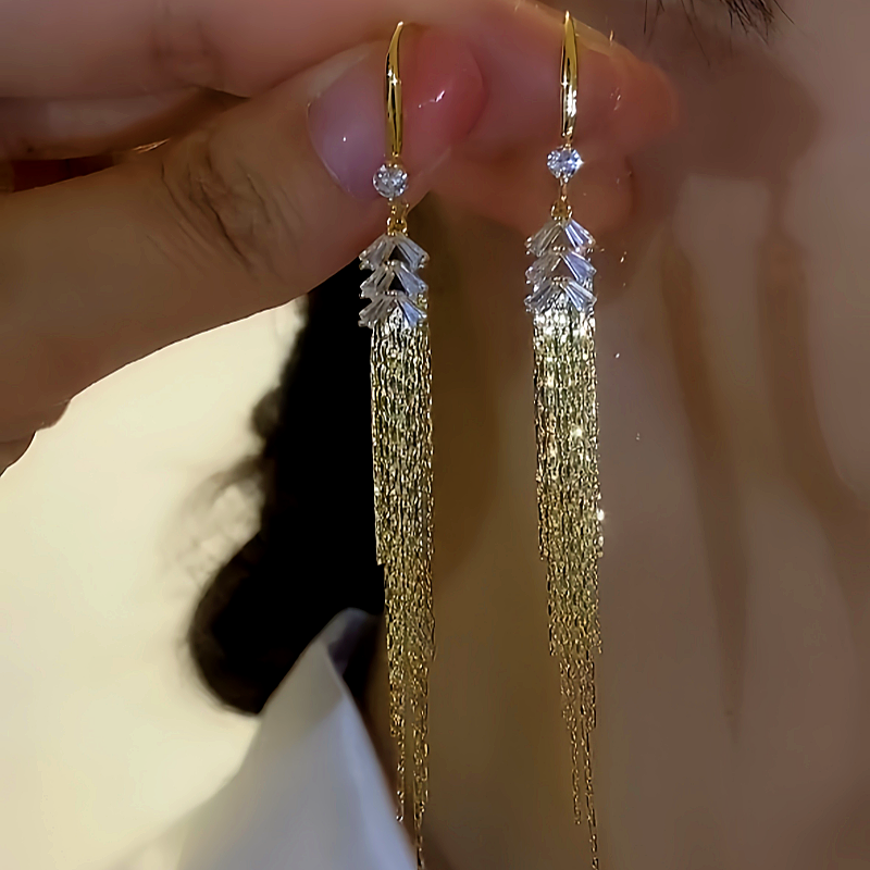 14K Gold-plated Diamond-Studded Wheat Tassel Earrings