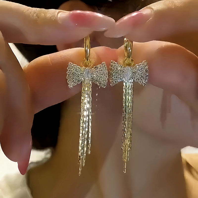 14K Gold-plated Diamond Bow Tassel Earrings