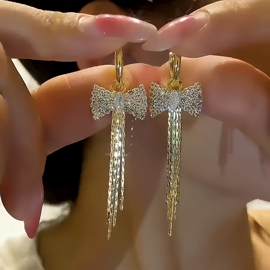 14K Gold-plated Diamond Bow Tassel Earrings