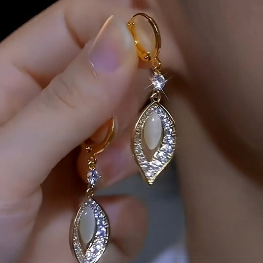 14K Gold-plated Diamond Cat's Eye Leaf Earrings