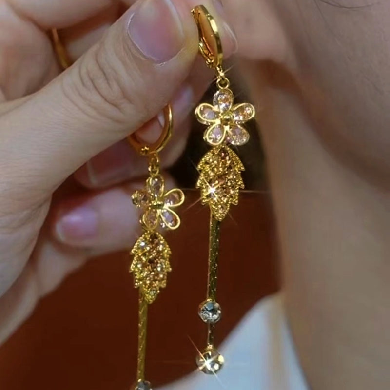 14K Gold-plated Diamond Flower Leaf Long Tassel Fzace-Slimming Earrings