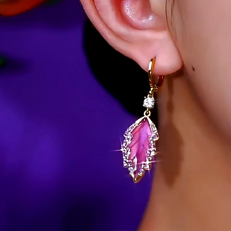 14K Gold-plated Diamond Pink Leaf Earrings