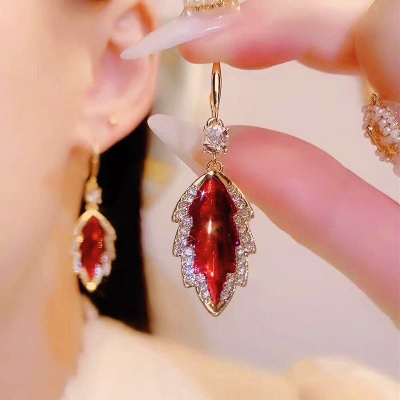 14K Gold-plated Diamond Red Leaf Earrings