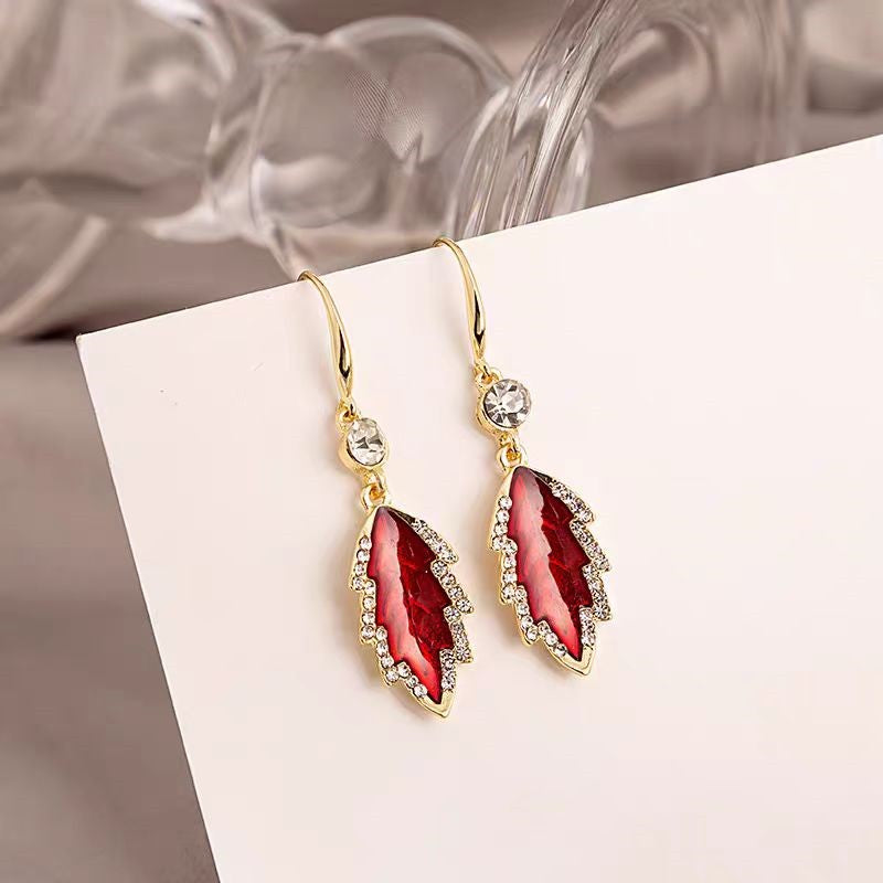 14K Gold-plated Diamond Red Leaf Earrings