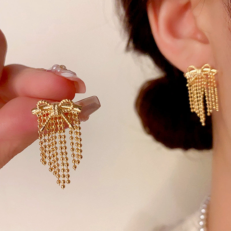 14K Gold-plated Elegant Bow Tassel Earrings