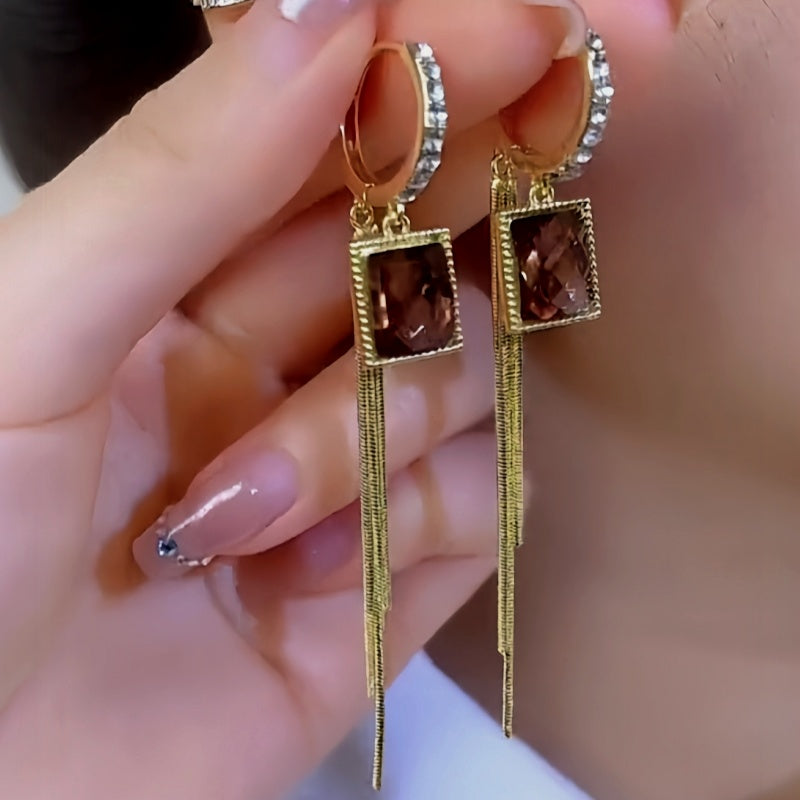 14K Gold-plated Elegant Brown Zircon Cube Tassel Earrings