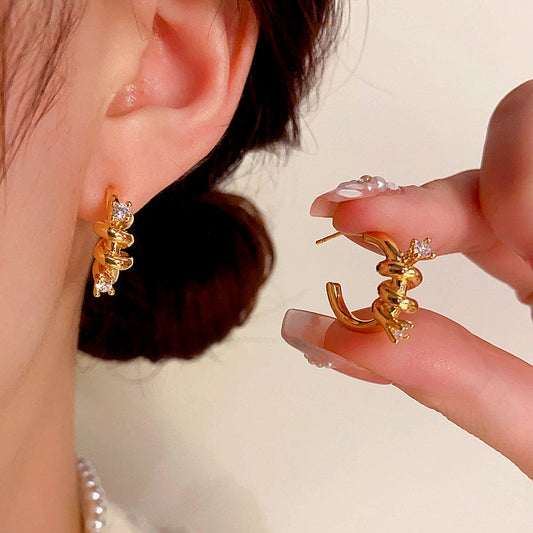 14K Gold-plated Elegant Diamond-Wrapped C-Shaped Earrings