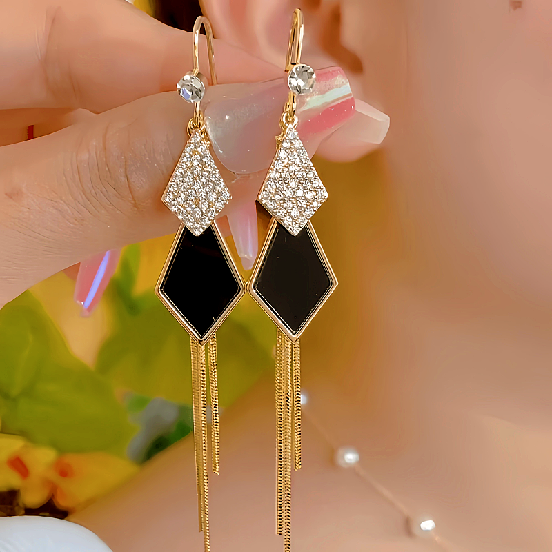 14K Gold-plated Elegant Diamond Black & Blue Ear Hook Tassel Earrings