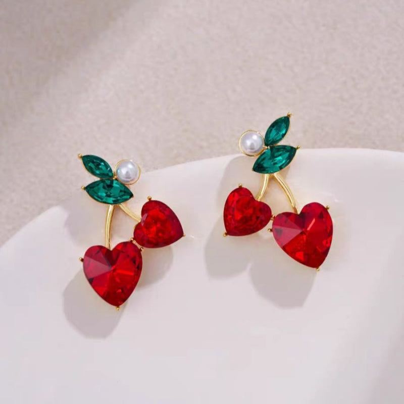 14K Gold-plated Elegant Diamond Crystal Heart-Shaped Cherry Earrings