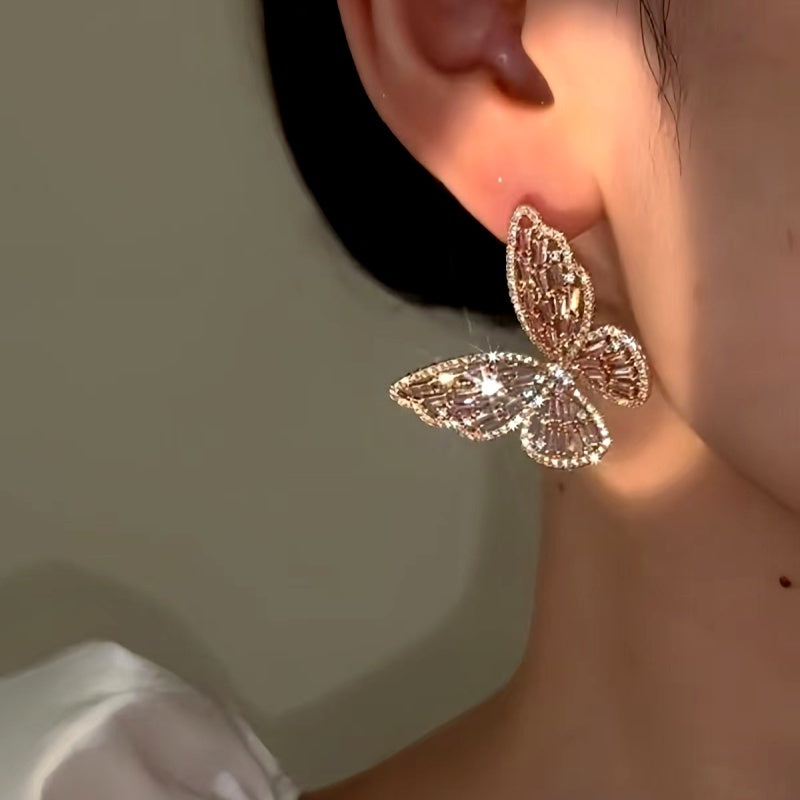 14K Gold-plated Elegant Hollow Zircon Butterfly Earrings