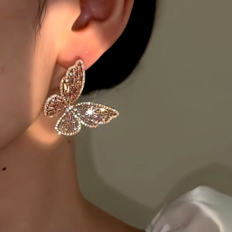 14K Gold-plated Elegant Hollow Zircon Butterfly Earrings