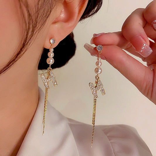 14K Gold-plated Elegant Letter H Pearl Tassel Earrings