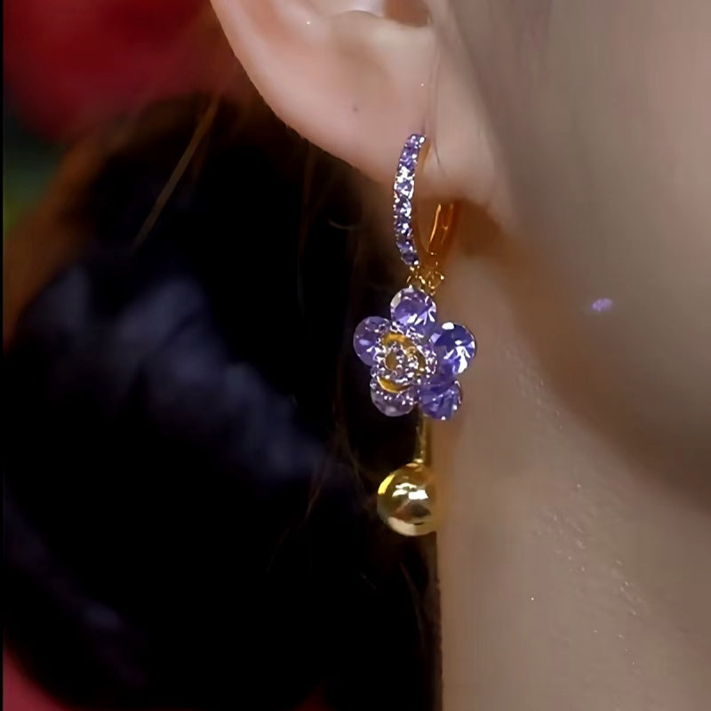 14K Gold-plated Elegant Purple Zircon Flower Earrings