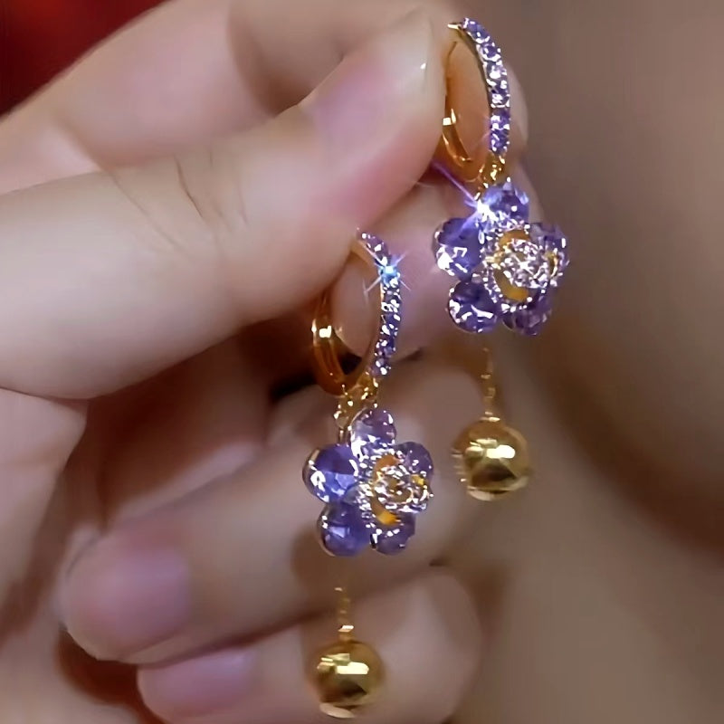 14K Gold-plated Elegant Purple Zircon Flower Earrings