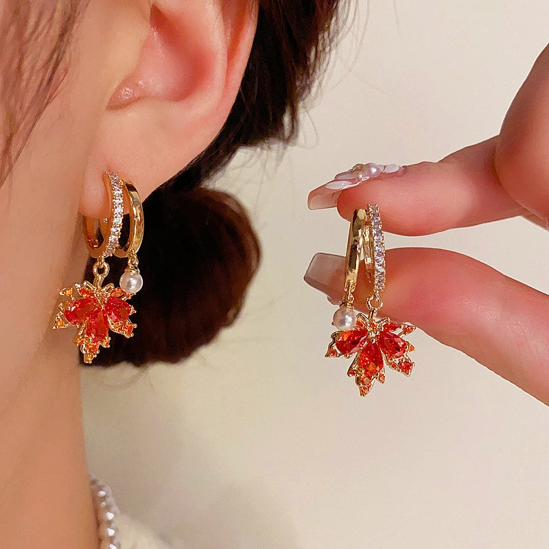 14K Gold-plated Elegant Red Maple Leaf Pearl Earrings