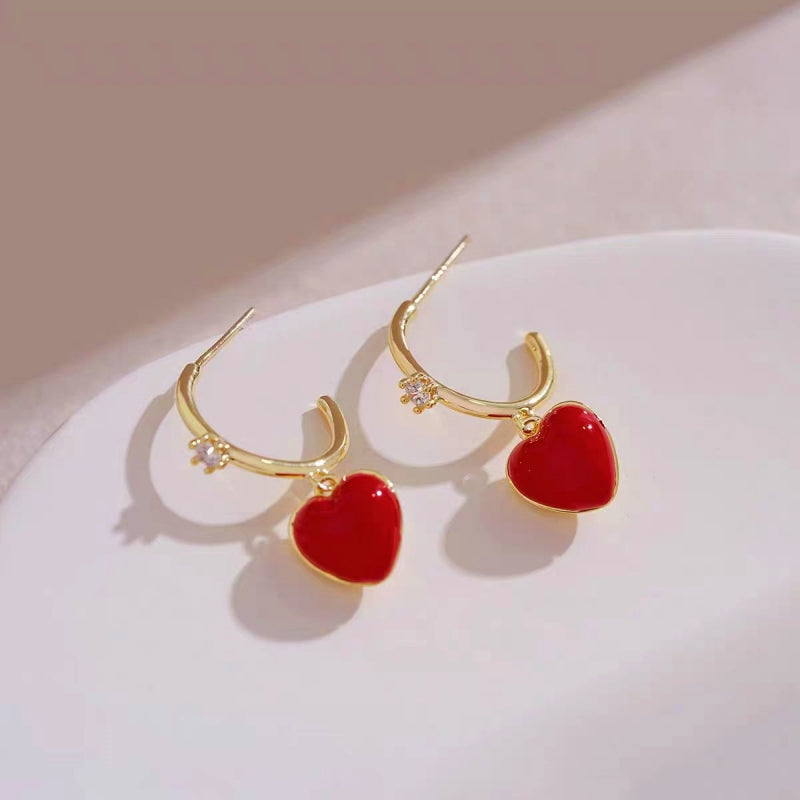 14K Gold-plated Elegant Red Peach Heart-Design Earrings