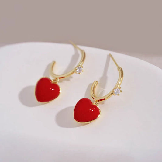 14K Gold-plated Elegant Red Peach Heart-Design Earrings