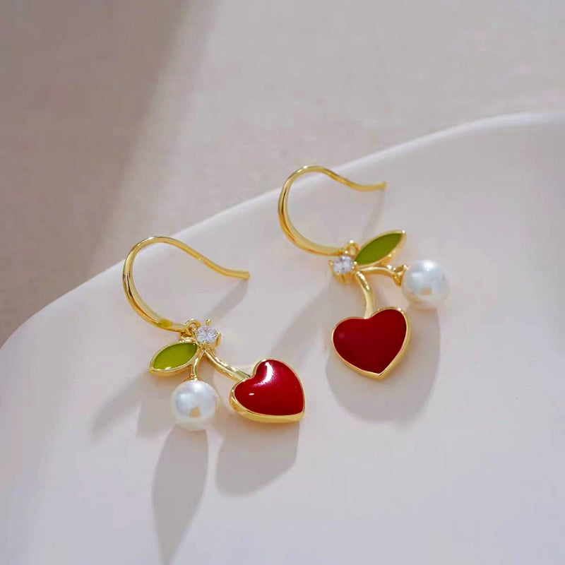 14K Gold-plated Elegant Red Peach Heart Cherry Earrings