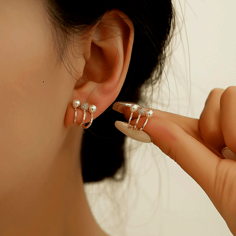 14K Gold-plated Elegant Three-Layer Diamond And Pearl Studs