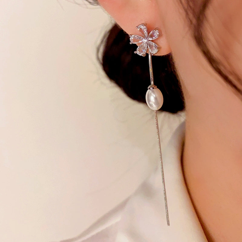 14K Gold-plated Elegant Zircon Flower Pearl Tassel Earrings