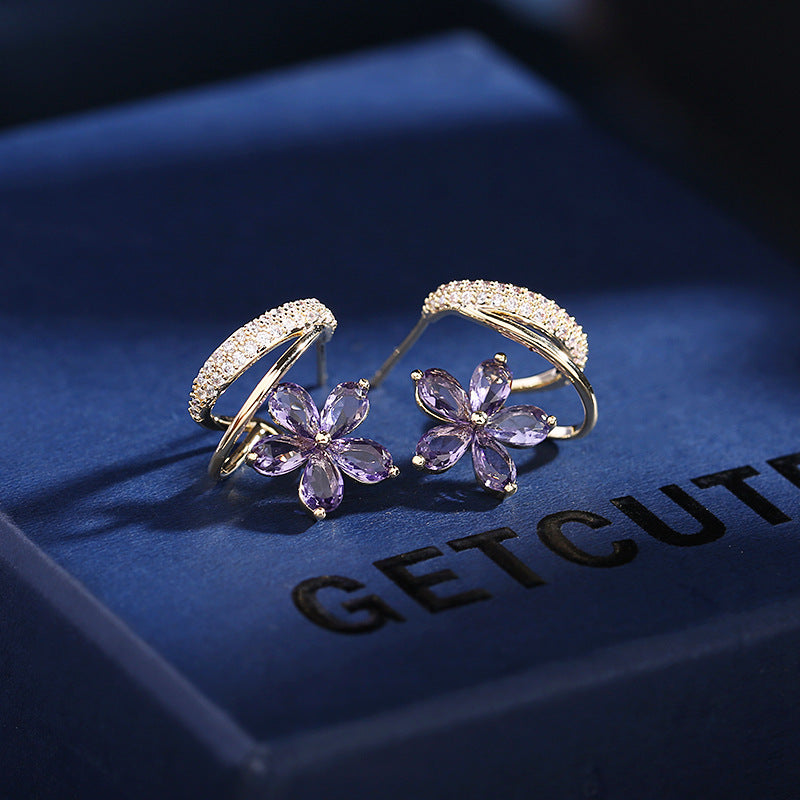 14K Gold-plated Elegant Zircon Flower Studs