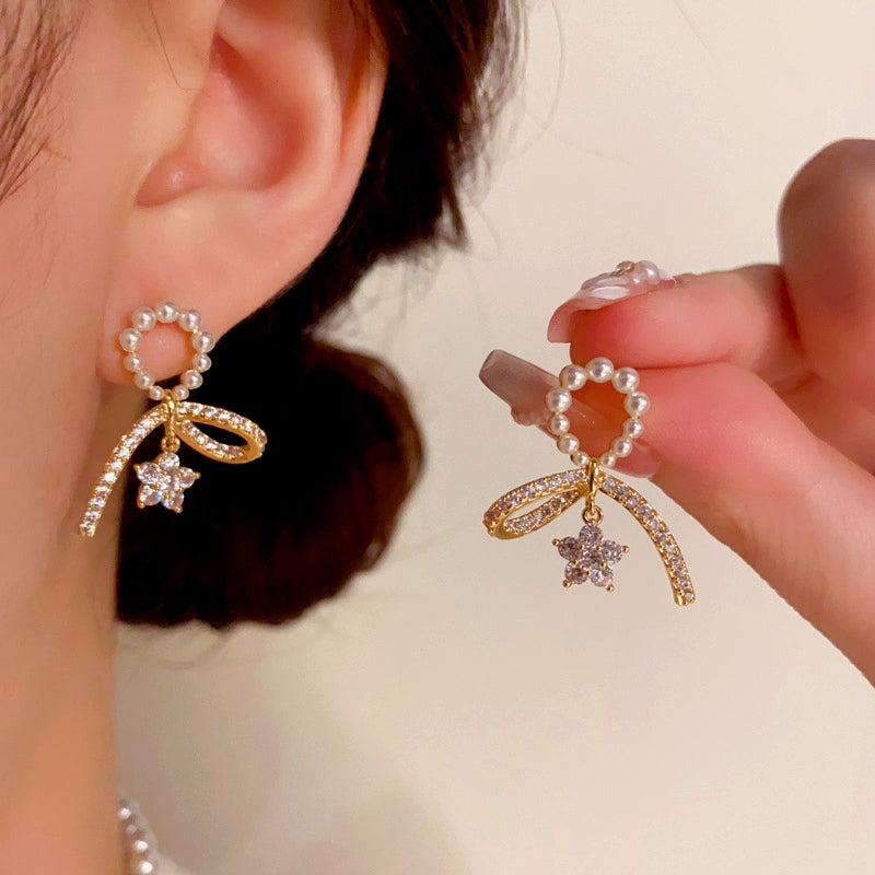 14K Gold-plated Elegant Zircon Pearl Bow Ribbon Flower Earrings