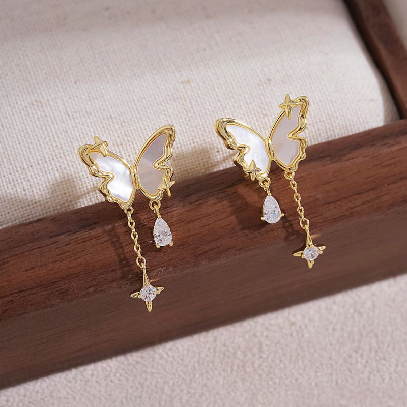 14K Gold-plated Gorgeous Super Fairy White Mother-Of-Pearl Star Butterfly Earrings