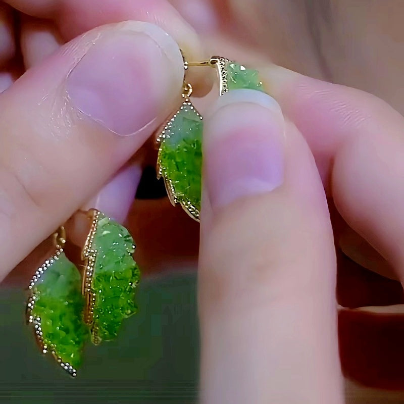 14K Gold-plated Green Diamond Crystal Leaf Earrings