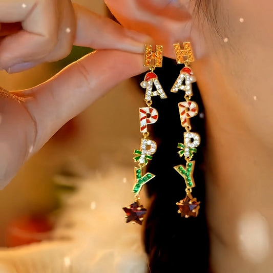 14K Gold-plated Happy Christmas Diamond Zircon Letter Tassel Earrings