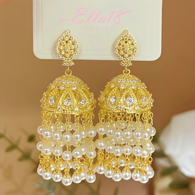 14K Gold-plated Luxury Diamond Curtain Tassel Pearl Earring