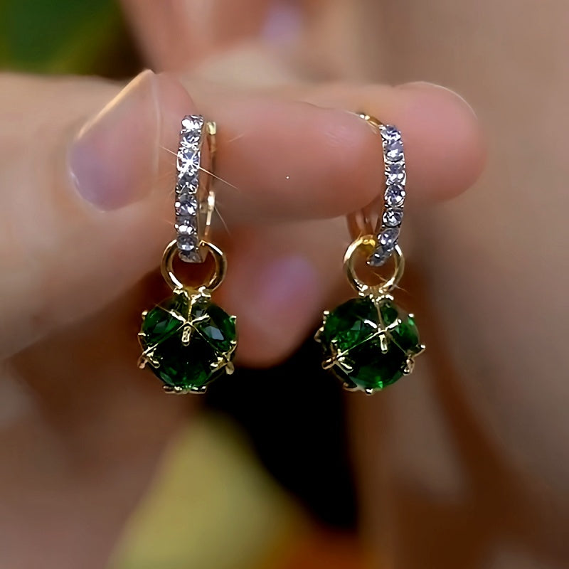 14K Gold-plated Luxury Green Diamond Ball Earrings