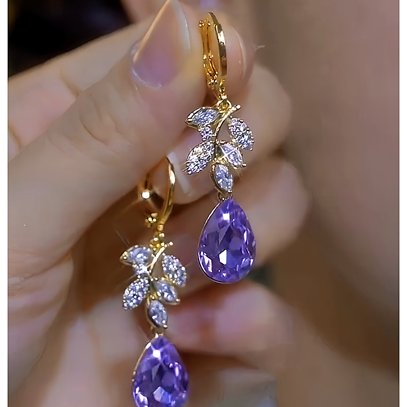 14K Gold-plated Luxury Purple Zircon Water Drop Earrings