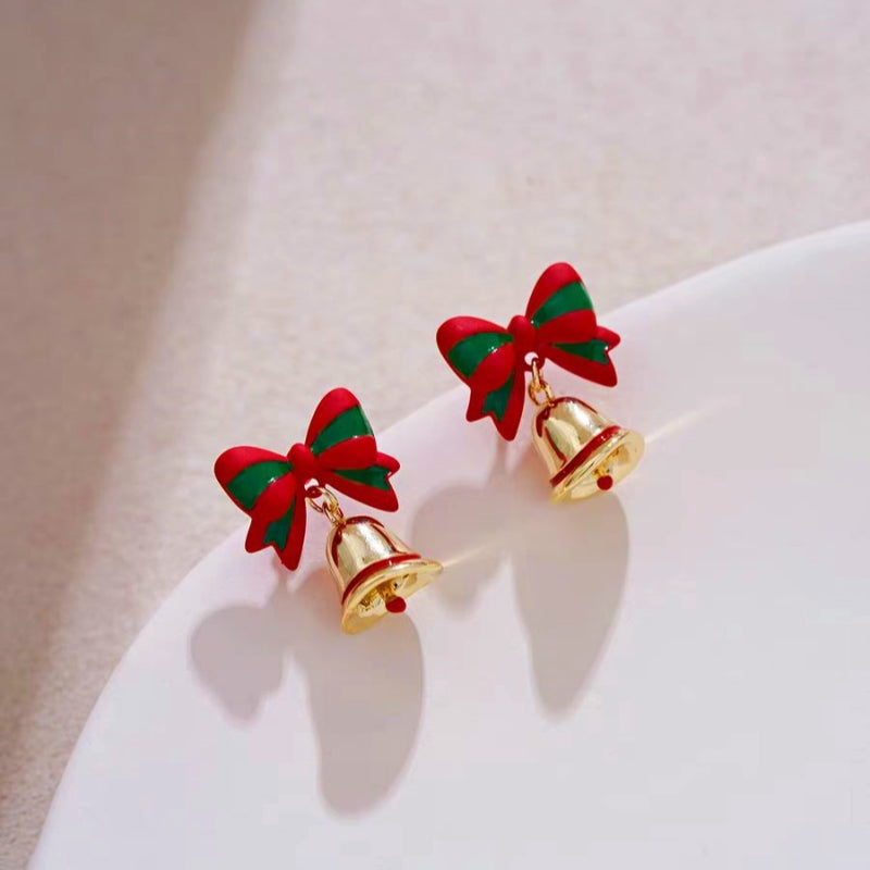 14K Gold Plated Christmas Bow Bell Earrings