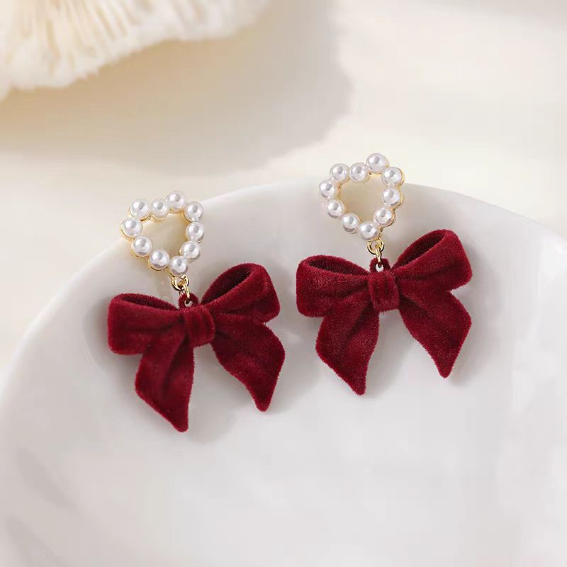 14K Gold Plated Christmas Pearl Heart Bow Earrings