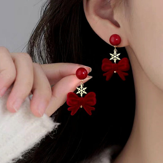 14K Gold Plated Christmas Red Bow Earrings