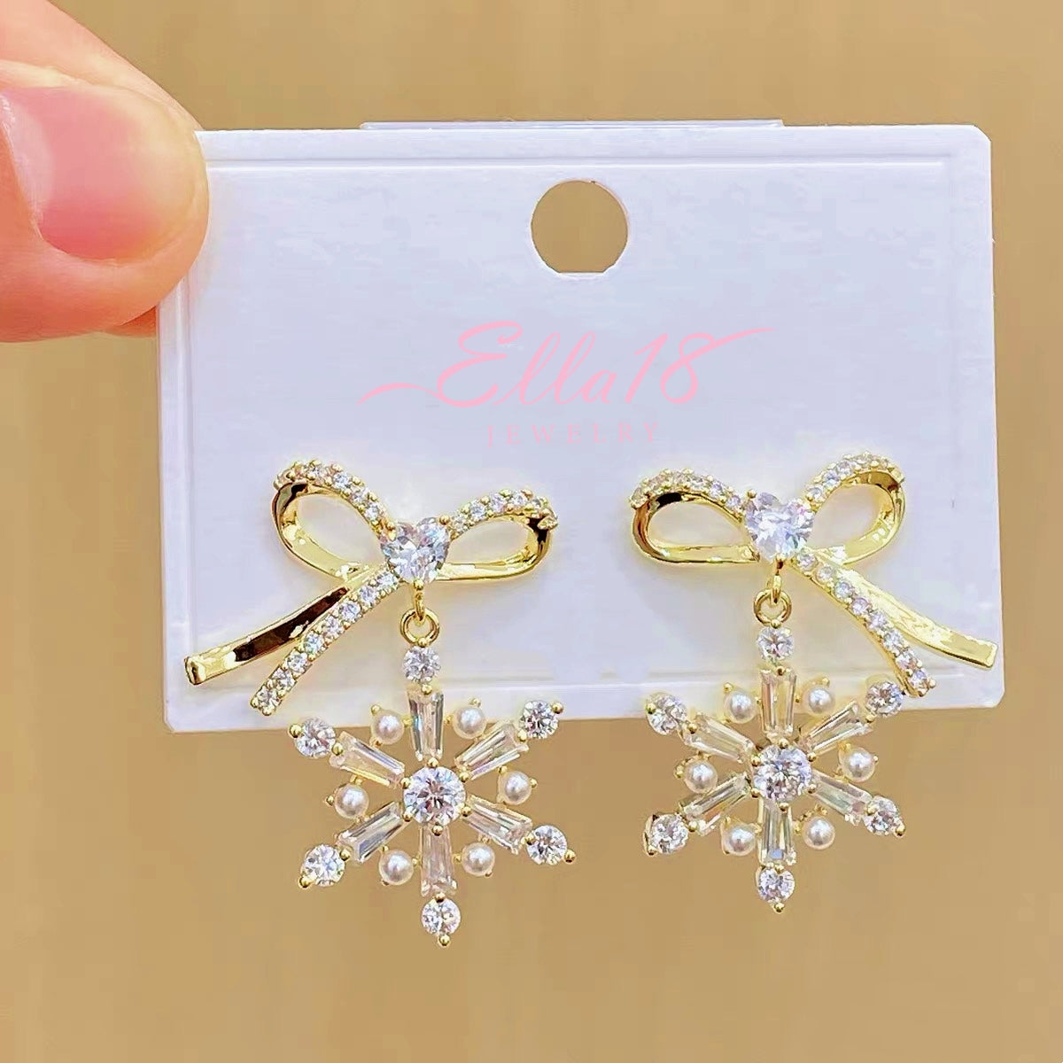 14K Gold Plated Christmas Zircon Snowflake Bow Earrings