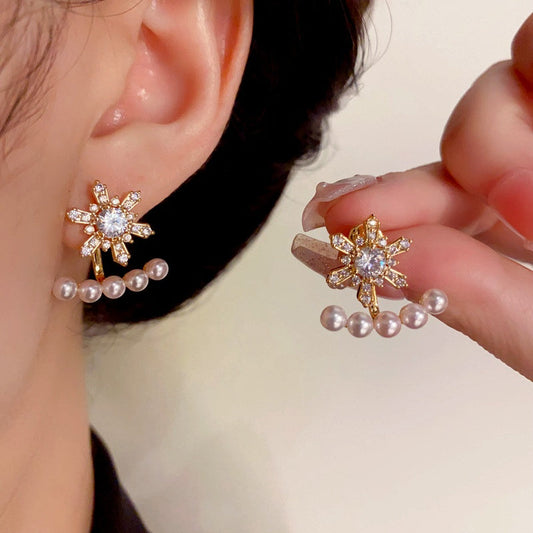 14K Gold Plated Christmas Zircon Snowflake Pearl Two-Piece Earrings