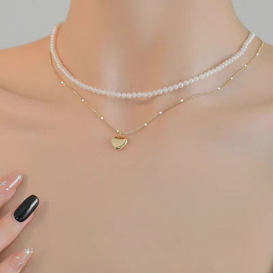 14K Gold Plated Double Layer Heart And Pearl Necklaces