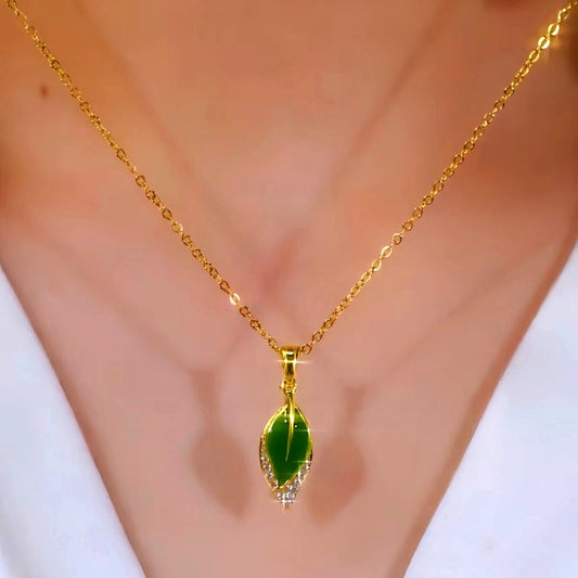 14K Gold Plated Elegant Green Double-Layer Leaf Necklaces