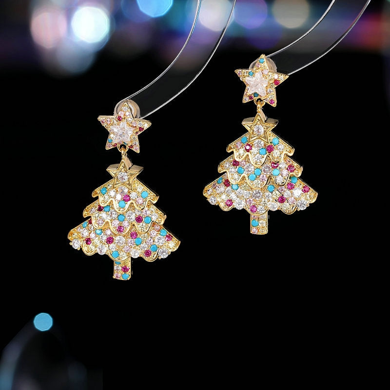 14K Gold Plated Zircon Christmas Tree Earrings