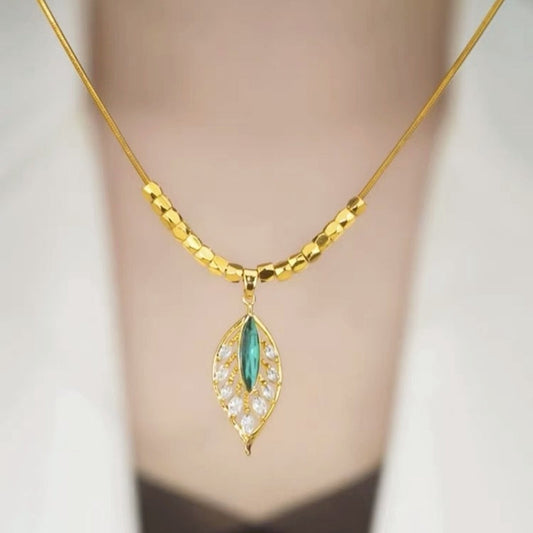 14K Gold Plated Zircon Green Leaf Necklaces