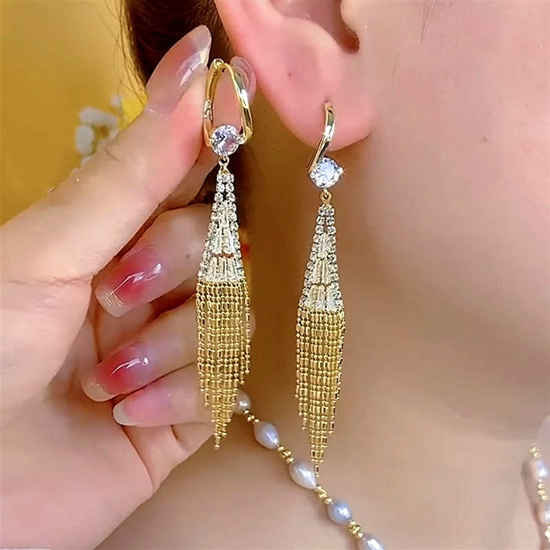 14K Gold-Plated Luxury Daimond  Tassel Earrings