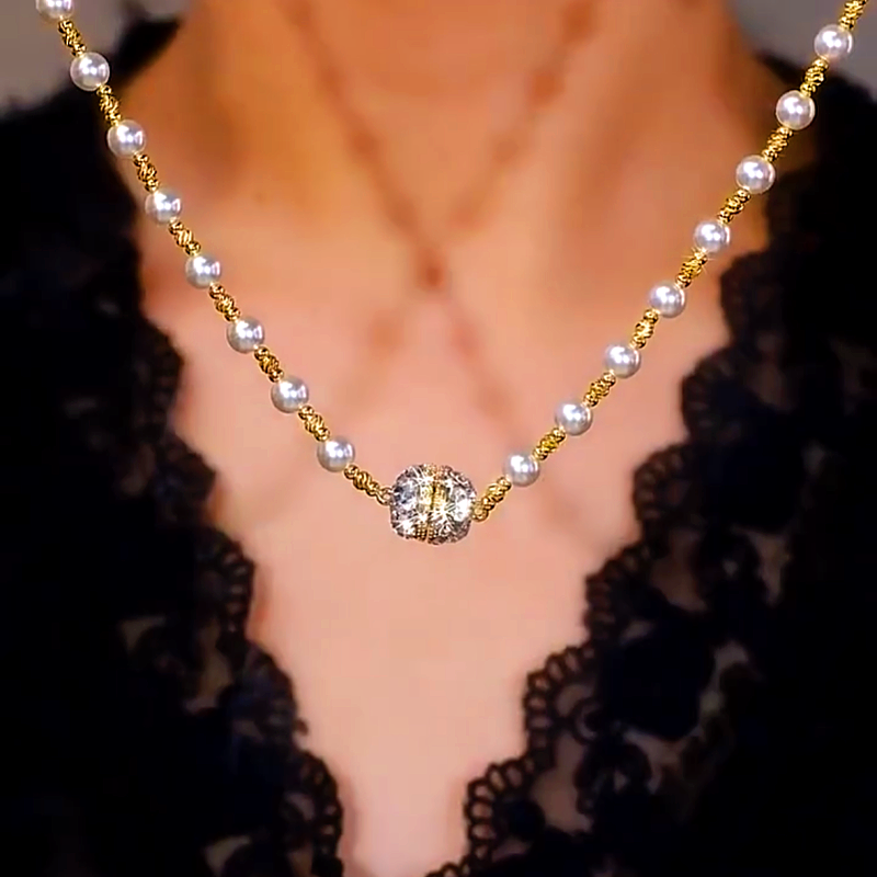 14K Gold-Plated Magnetic Diamond Ball Pearl Necklaces