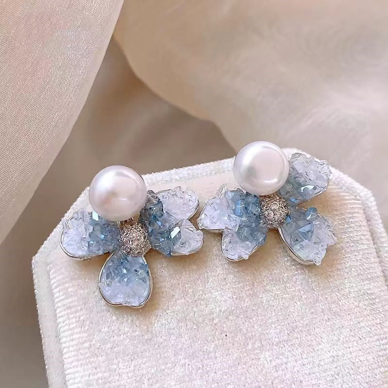 14k Gold-Plated Gradient Crystal Flower Pearl Earrings