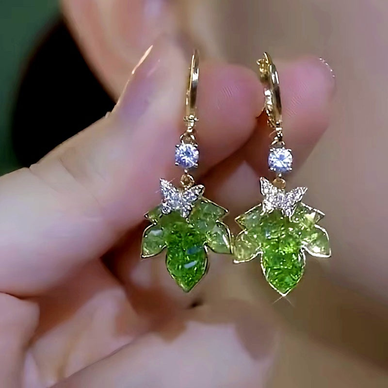 14k Gold-Plated Luxury Green Crystal Leaf Earrings