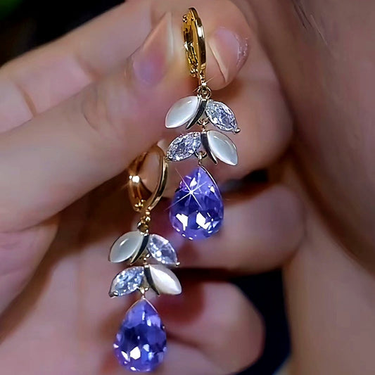 14k Gold-Plated Luxury Purple Diamond Leaf Tassel Earrings